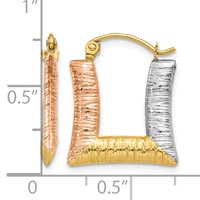 14K & White & Rose Rhodium Hollow Textured Square Hoop Earrings view 4