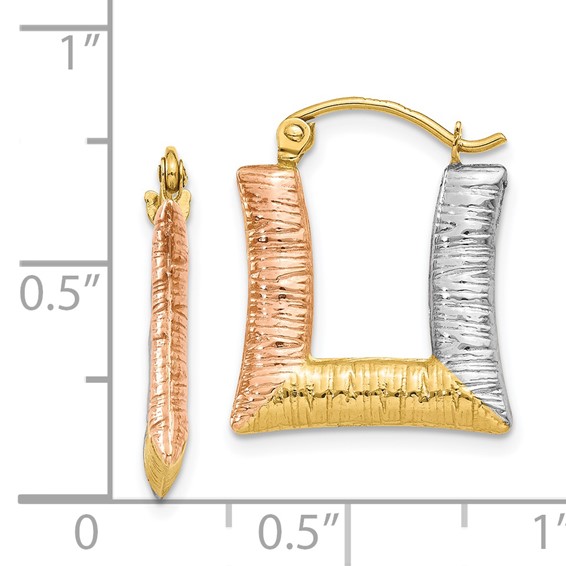 14K & White & Rose Rhodium Hollow Textured Square Hoop Earrings