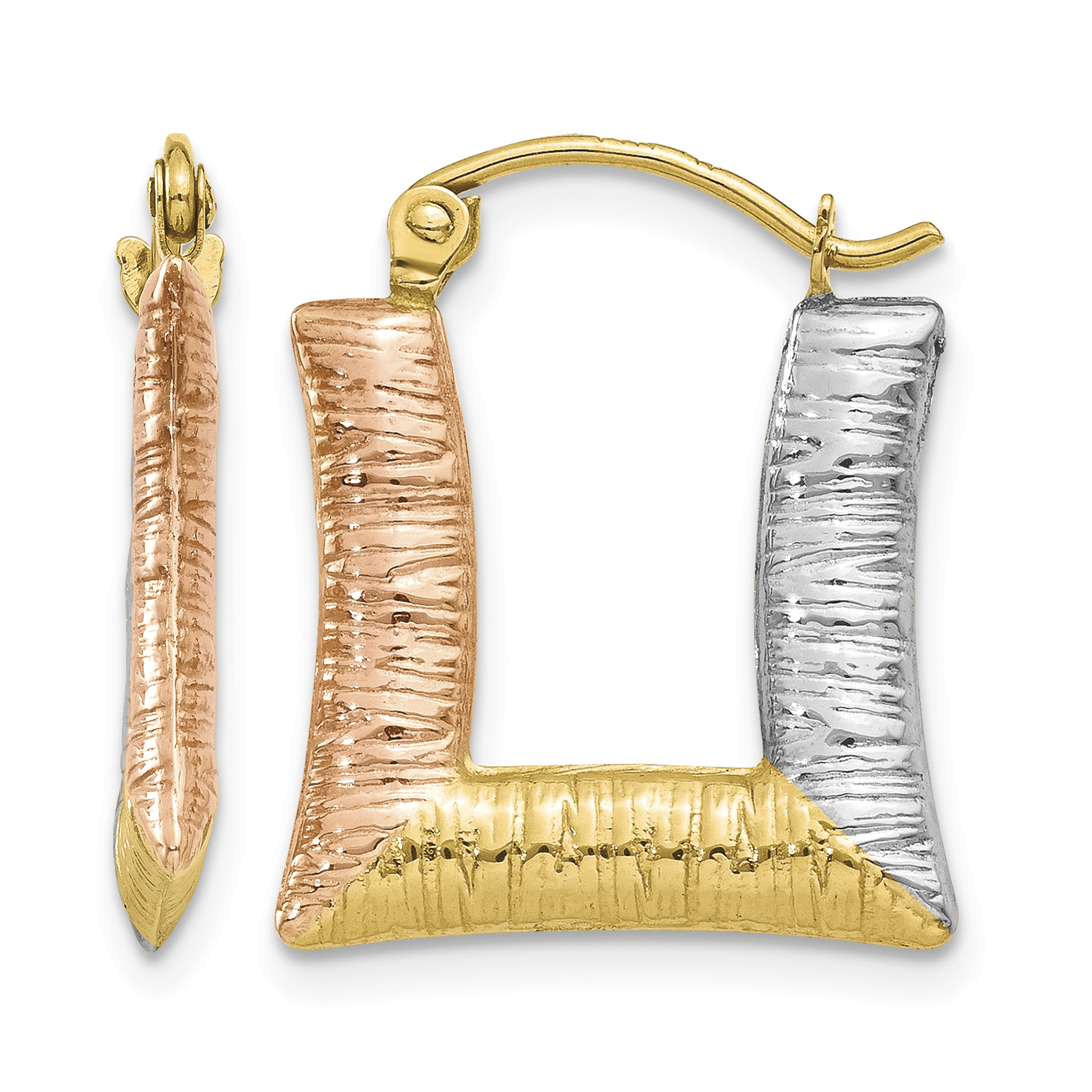 14K & White & Rose Rhodium Hollow Textured Square Hoop Earrings (TL753)