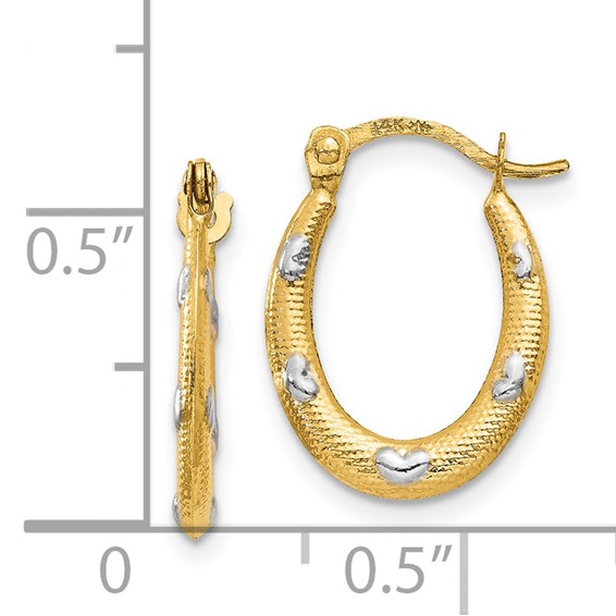 14K Rhodium Textured Hollow Oval w/ Hearts Hoop Earrings