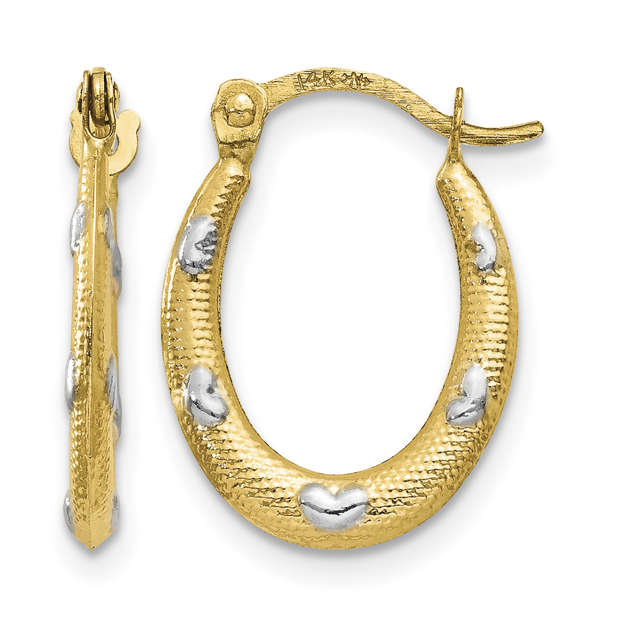 14K Rhodium Textured Hollow Oval w/ Hearts Hoop Earrings (TL756)