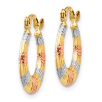 14K & White and Rose Rhodium Hollow Textured Hoop Earrings view 2