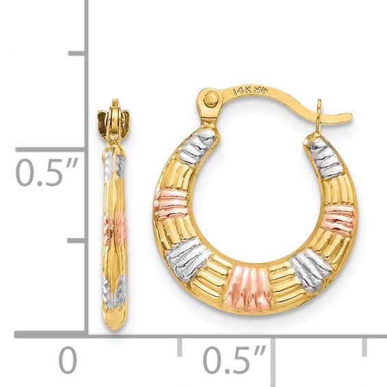 14K & White and Rose Rhodium Hollow Textured Hoop Earrings