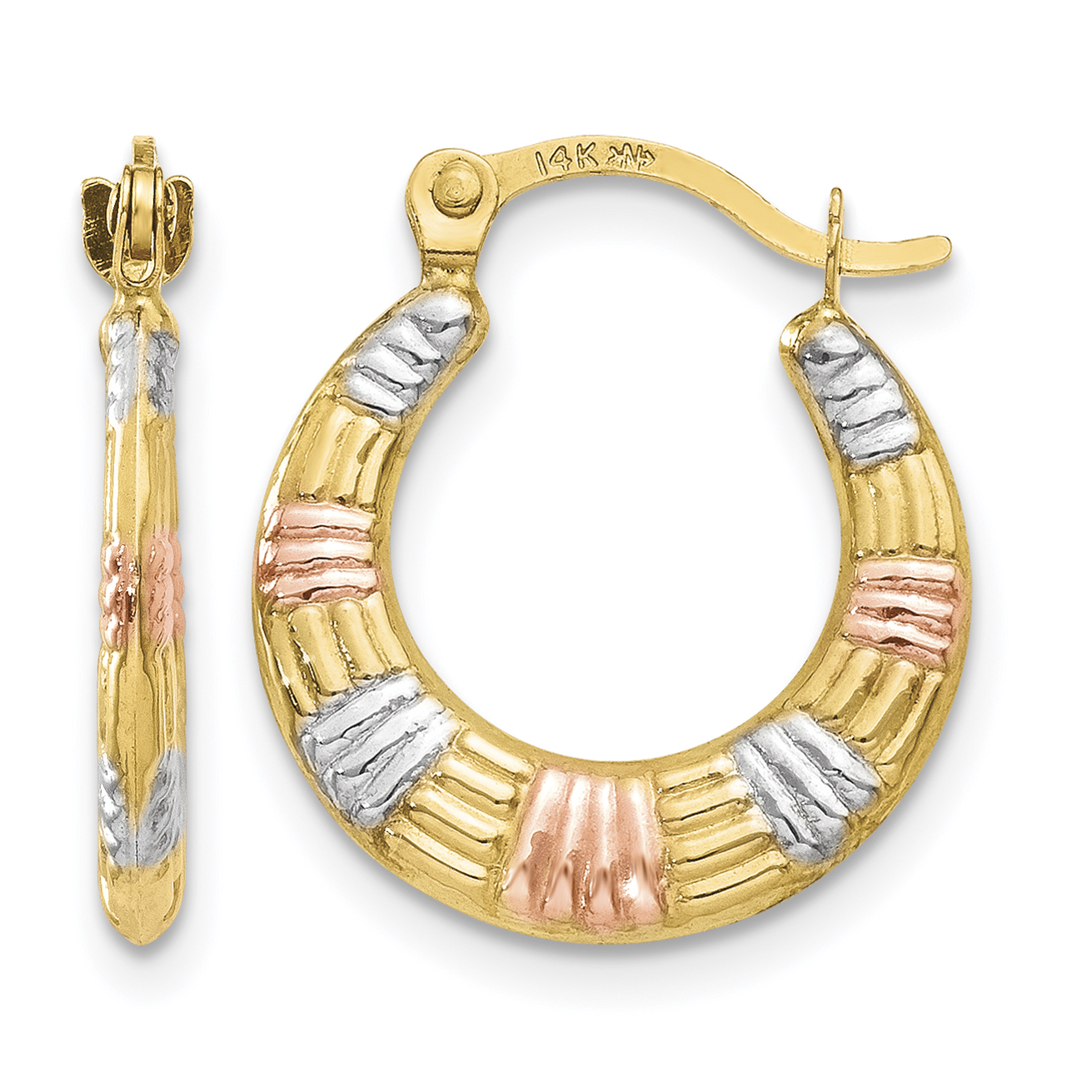 14K & White and Rose Rhodium Hollow Textured Hoop Earrings (TL762)
