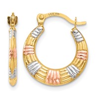 14K & White and Rose Rhodium Hollow Textured Hoop Earrings view 1