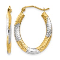 14K & Rhodium Textured Hollow Oval Hoop Earrings view 1
