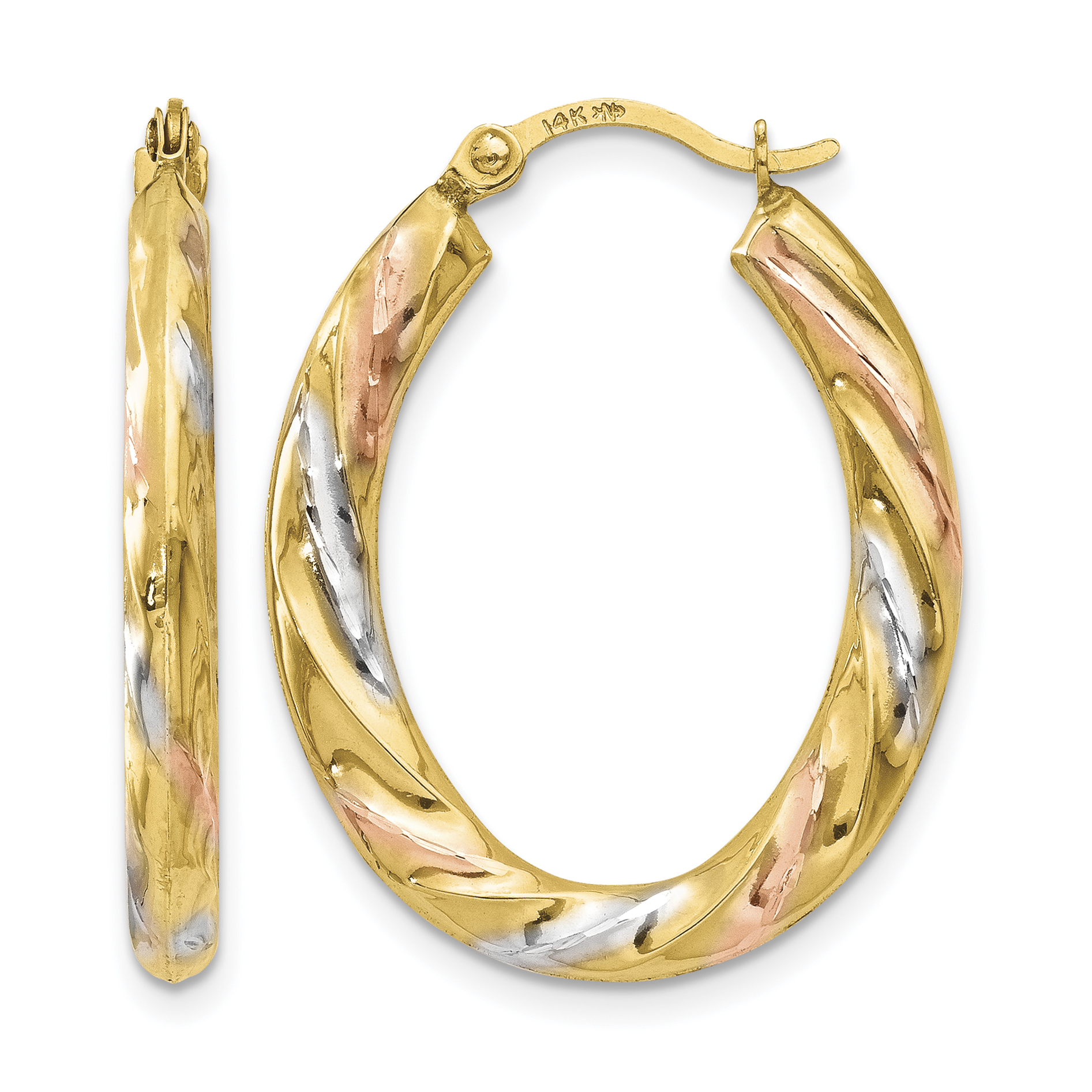 14K & White & Rose Rhodium Oval Hollow Scallop Hoop Earrings (TL770)