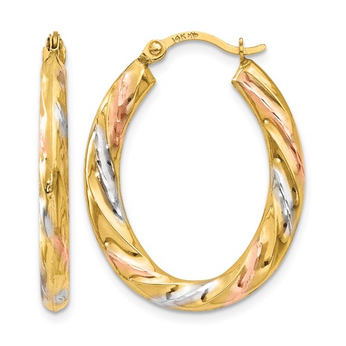 14K & White & Rose Rhodium Oval Hollow Scallop Hoop Earrings