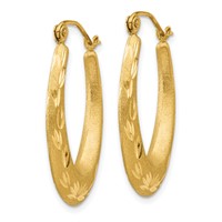 14K Yellow Gold Satin Diamond Cut Hollow Hoop Earrings view 2