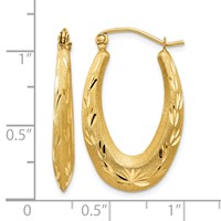 14K Yellow Gold Satin Diamond Cut Hollow Hoop Earrings view 4