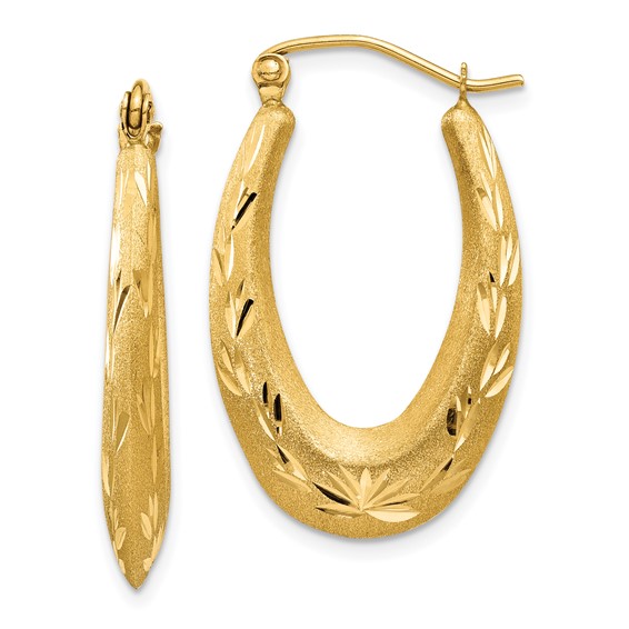 14K Satin Diamond Cut Hollow Hoop Earrings