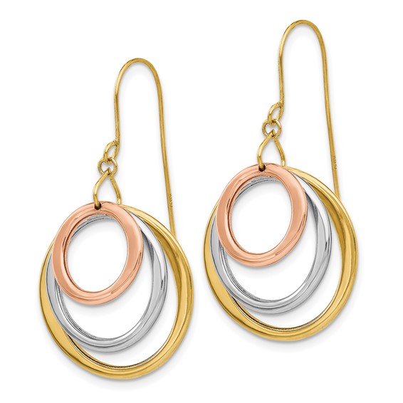 14K Tri-color Graduated Circles Dangle French Hook Earrings