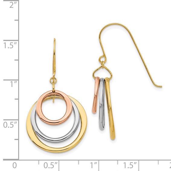 14K Tri-color Graduated Circles Dangle French Hook Earrings