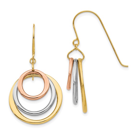 14K Tri-color Graduated Circles Dangle French Hook Earrings