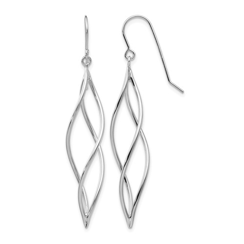 14K White Gold Polished Long Twisted Swirl Drop French Hook Earrings