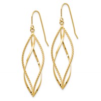 14K Yellow Gold Polished and Textured Twisted Dangle French Hook Earrings view 2