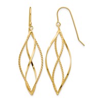 14K Yellow Gold Polished and Textured Twisted Dangle French Hook Earrings view 1