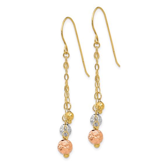 14K Tri-color Diamond-cut Beads and Chain Dangle French Hook Earrings