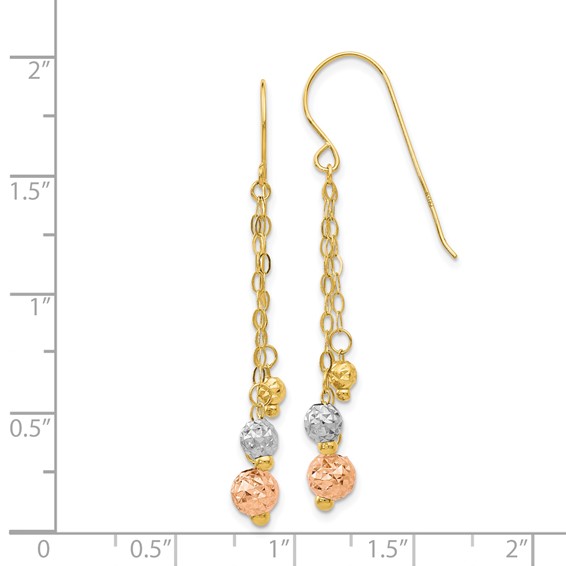 14K Tri-color Diamond-cut Beads and Chain Dangle French Hook Earrings