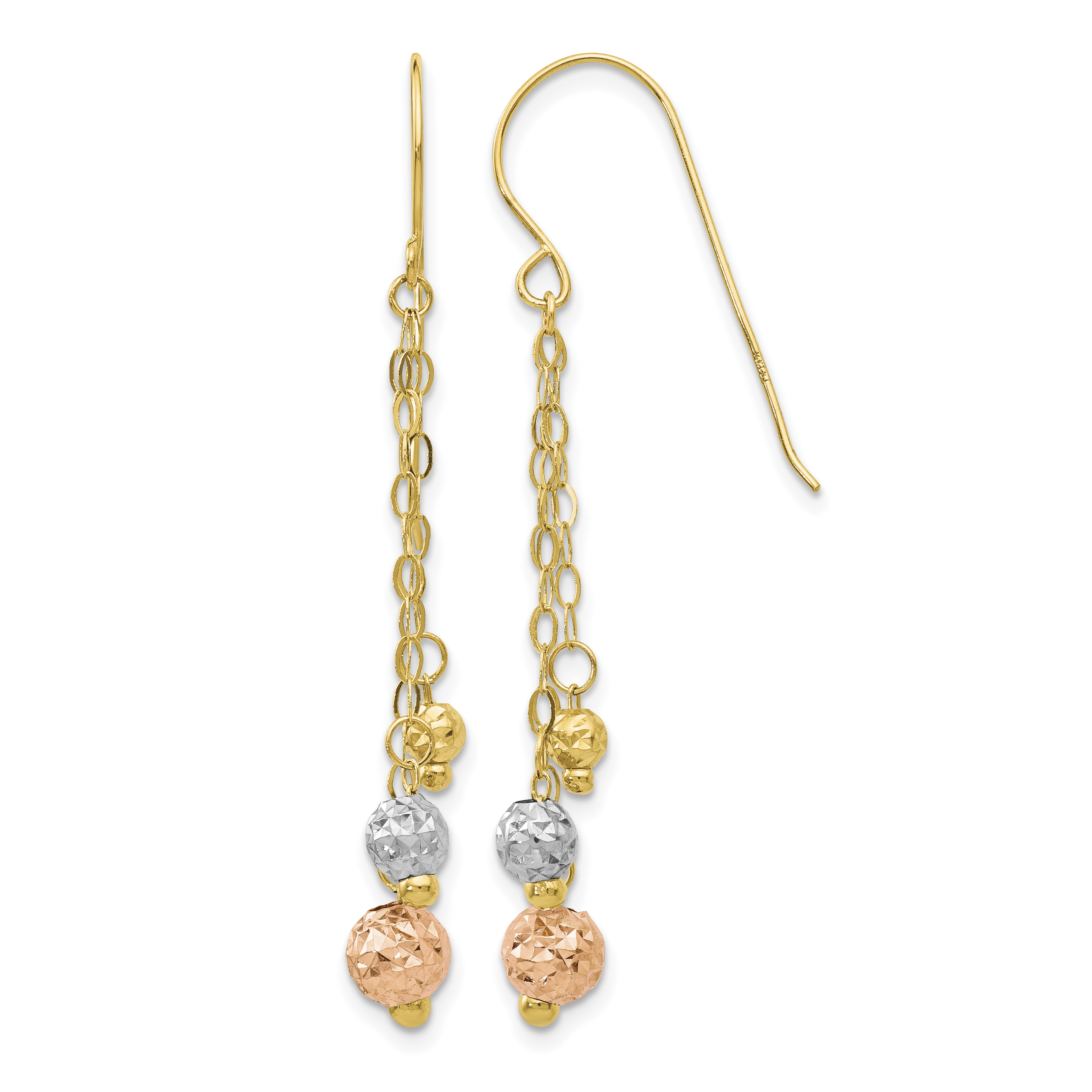 14K Tri-color w/Diamond-cut Beads Dangle Earrings (TL859)