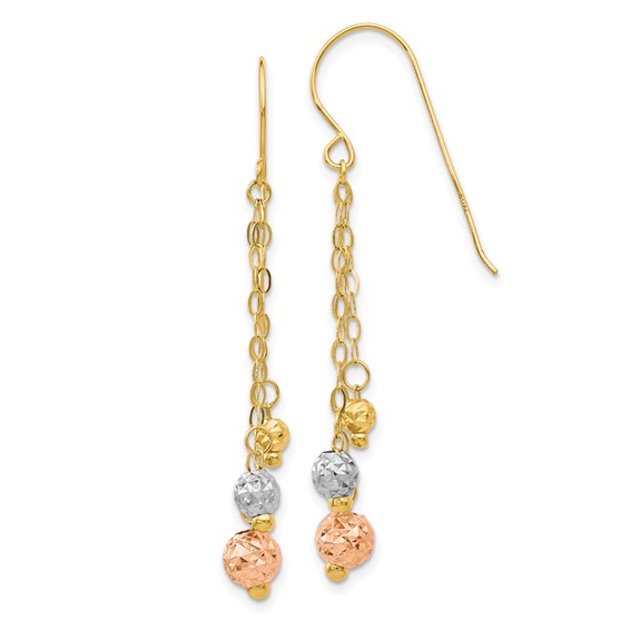 14K Tri-color Diamond-cut Beads and Chain Dangle French Hook Earrings