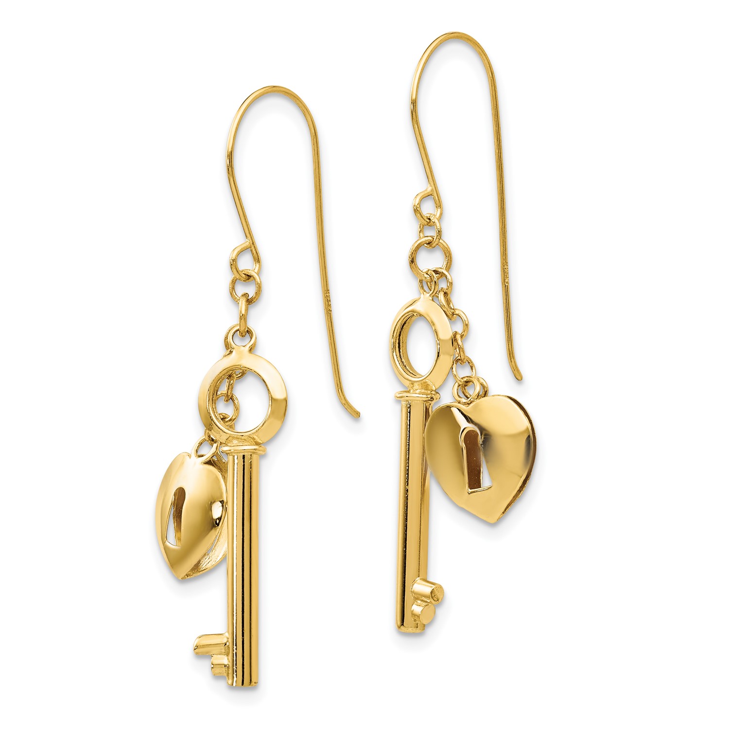 14K Gold Puff Heart Lock and Key Shepherds Hook Dangle Earrings (1.4IN