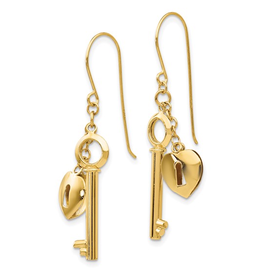 14K Puffed Heart Lock and Key French Hook Earrings