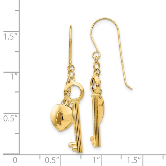 14K Puffed Heart Lock and Key French Hook Earrings