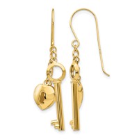 14K Yellow Gold Puffed Heart Lock and Key French Hook Earrings view 1