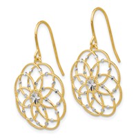 14K and White Rhodium Diamond-cut Floral Dangle French Hook Earrings view 2