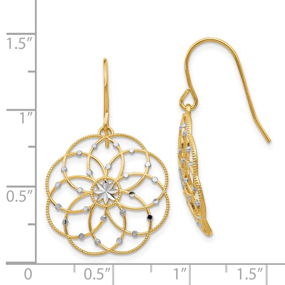 14k and White Rhodium Diamond-cut Floral Dangle French Hook Earrings