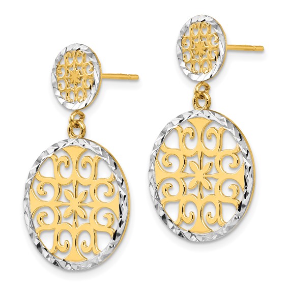 14k and White Rhodium Diamond-cut Filigree Circles Dangle Post Earrings
