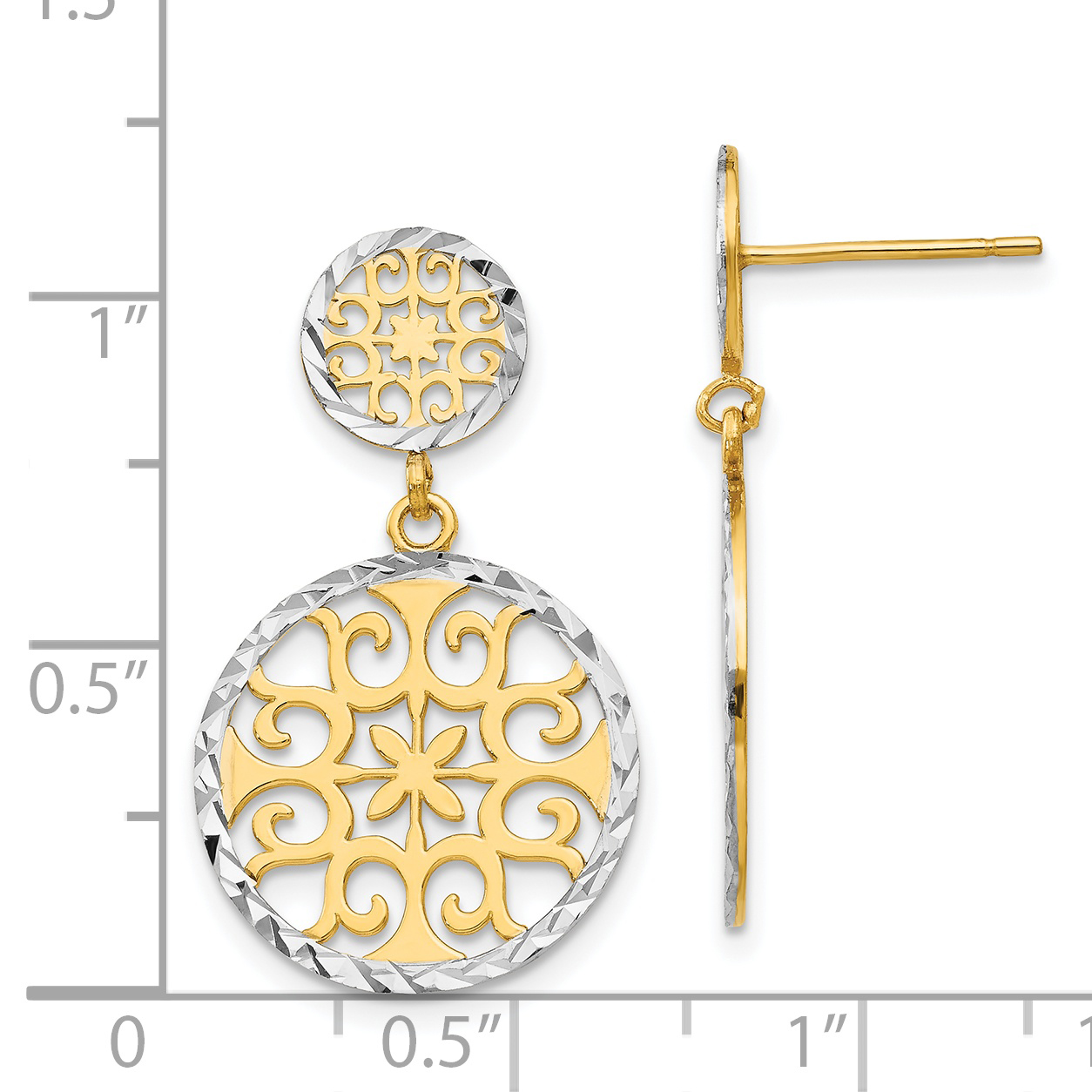 14k & Rhodium D/C Circles Dangle Post Earrings TL885 - Picture 4 of 4