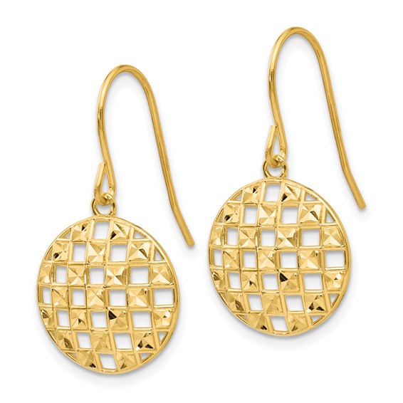 14k Circle Diamond-cut Checkerboard Dangle French Hook Earrings