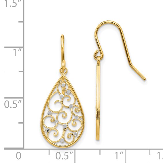 14k and White Rhodium Polished Swirl Teardrop Dangle French Hook Earrings