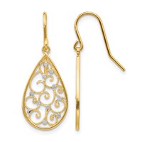 14K and White Rhodium Polished Swirl Teardrop Dangle French Hook Earrings view 1