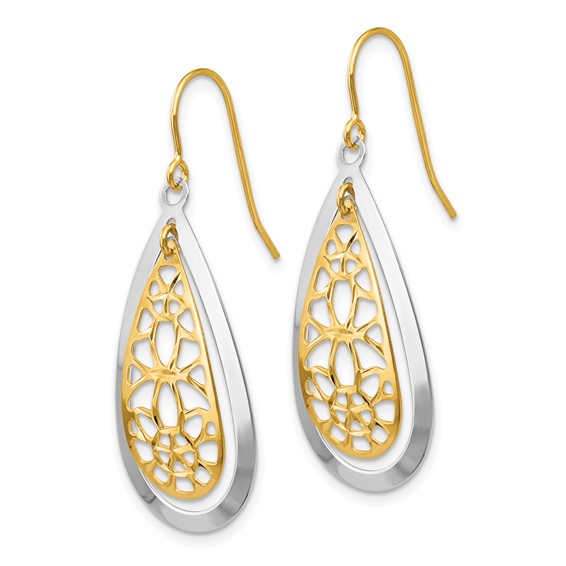 14k Two-tone Diamond-cut Polished Floral Teardrop Dangle French Hook Earrings
