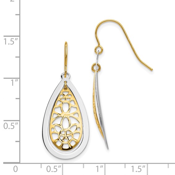 14k Two-tone Diamond-cut Polished Floral Teardrop Dangle French Hook Earrings
