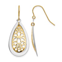 14K Two-tone Diamond-cut Polished Floral Teardrop Dangle French Hook Earrings view 1