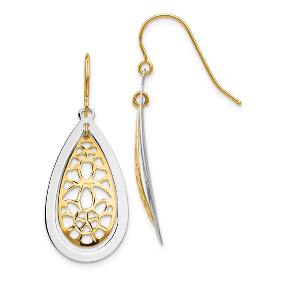 14k Two-tone Diamond-cut Polished Floral Teardrop Dangle French Hook Earrings
