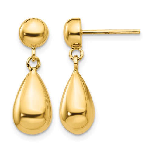 14K Yellow Gold Polished Hollow Teardrop Dangle Post Earrings