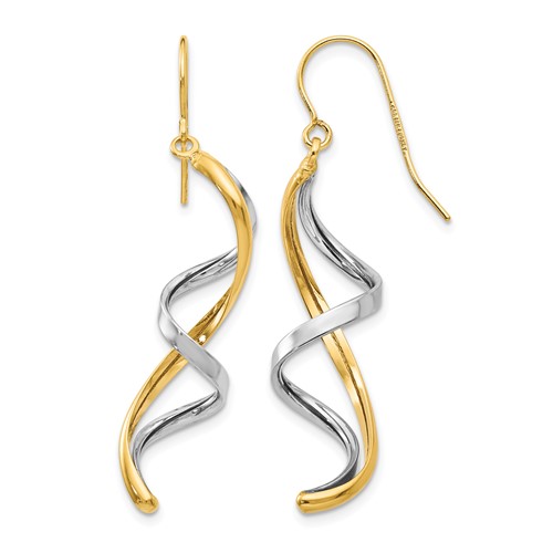 14K Two-tone Polished Fancy Spiral Dangle French Hook Earrings