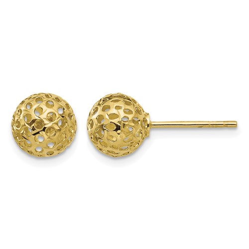 14K 8mm Diamond-cut Fancy Pierced Round Bead Post Earrings