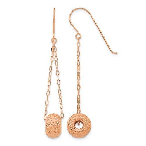 14K Rose Gold Chain Earrings with Diamond-cut 8mm Puffed Donut Bead Dangle French Hook