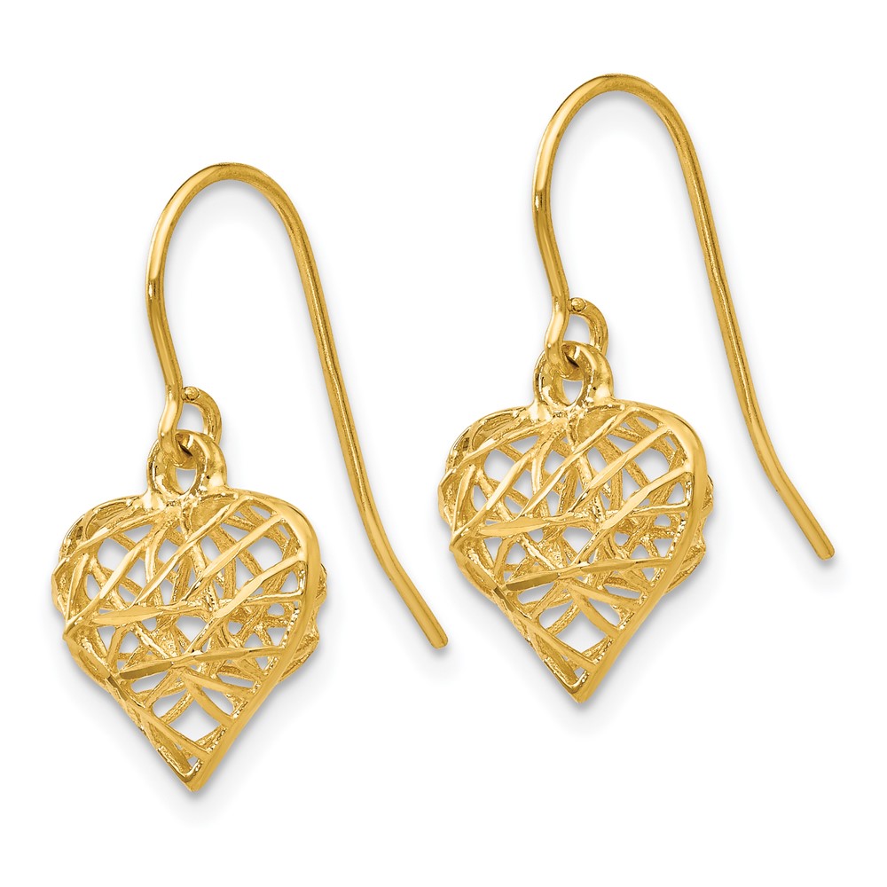 14k 14kt Yellow Gold Diamond Cut Puffed Heart Dangle Earrings 19mm X ...