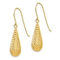 14K Yellow Gold Diamond-cut Puffed Teardrop Dangle French Hook Earrings view 2