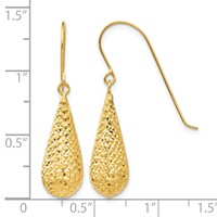 14K Yellow Gold Diamond-cut Puffed Teardrop Dangle French Hook Earrings view 4