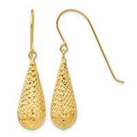 14K Yellow Gold Diamond-cut Puffed Teardrop Dangle French Hook Earrings view 1