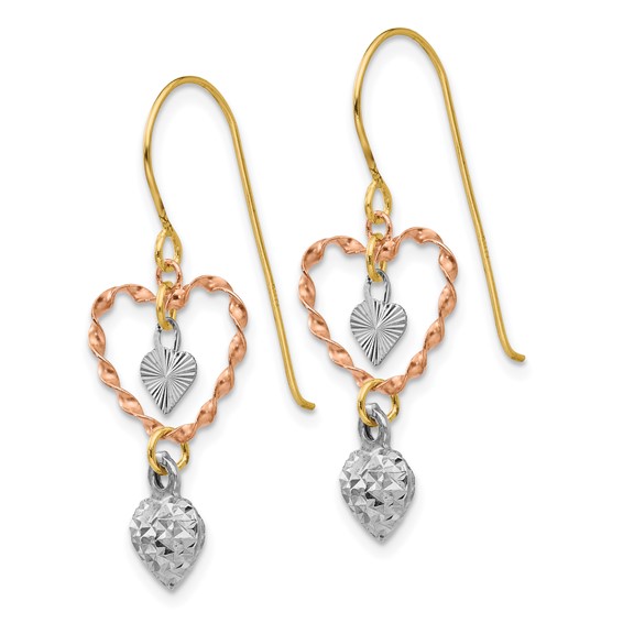 14k Tri-color Diamond-cut Heart Dangle French Hook Earrings
