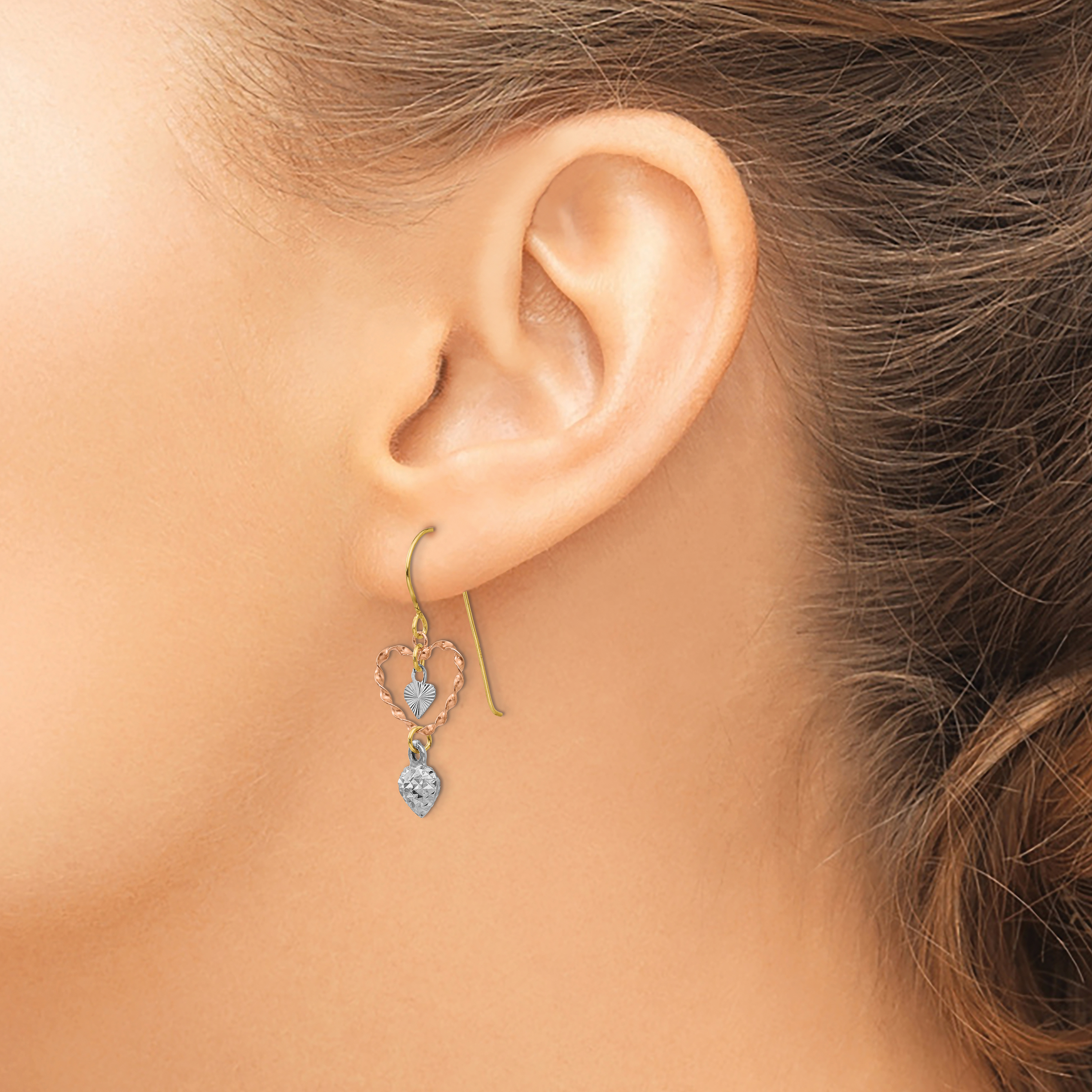 Pendientes colgantes de corazón tricolores de corte diamante de 14 k TL966 - Imagen 3 de 4